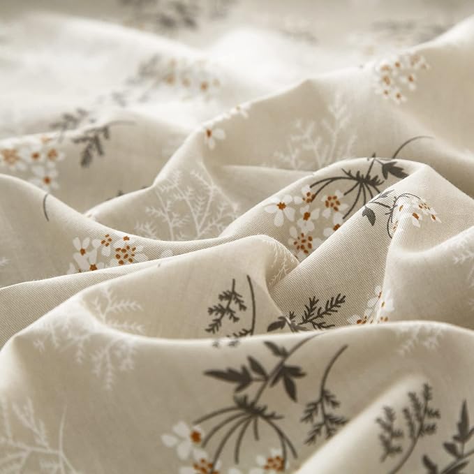 mixinni Duvet Cover Set Floral Queen Size 100% Cotton Bedding Flower Green Leaves on Beige Comforter Cover Set (1 Duvet Cover+ 2 Pillowcases) for Her and Him-Easy Care, Soft and Durable Queen Size
