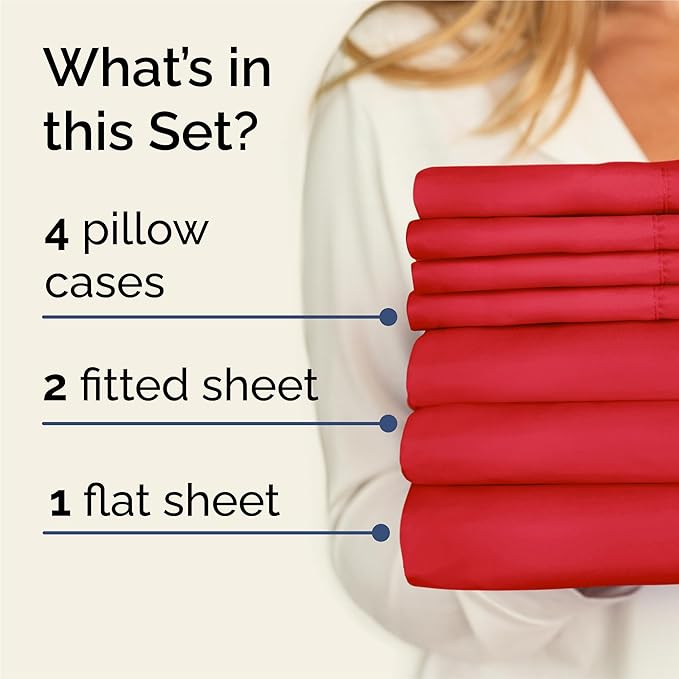 Split King 7 Piece Sheet Set - Comfy, Breathable & Cooling - Hotel Luxury Bedding for Women, Men, Kids, Teens & Children - 1 Flat & 2 Fitted Sheets & 4 Pillowcases w/ Deep Pockets - Wrinkle Free - Red