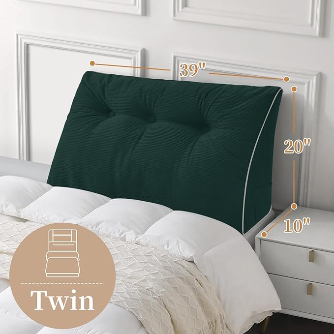 Sasttie Headboard Pillow Twin/Twin XL, Wedge Pillow Headboard for Dorm, Triangular Daybed Backrest Cushion for Sitting or Reading in Bed, with Removable Washable Cover, Green