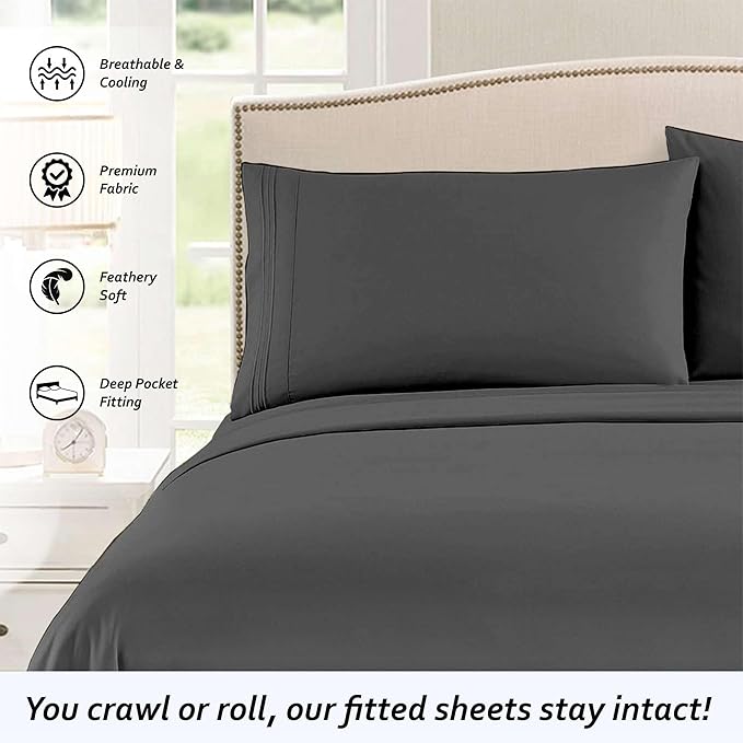 Short Queen RV Camper Sheet Set (60x75) – 100% Egyptian Cotton, Soft & Cooling, 16” Deep Pocket Fitted Sheet, Luxury Hotel Quality Bedding for RVs, Campers & Motorhomes (Dark Grey Solid)