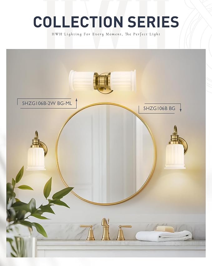 Gold Sconce Wall Lighting, HWH Indoor Bathroom Sconces with Frosted White Bell-Shaped Glass, Up and Down Vanity Lights Fixtures for Bathroom, Gold Finish, 5HZG106B-2W BG-ML
