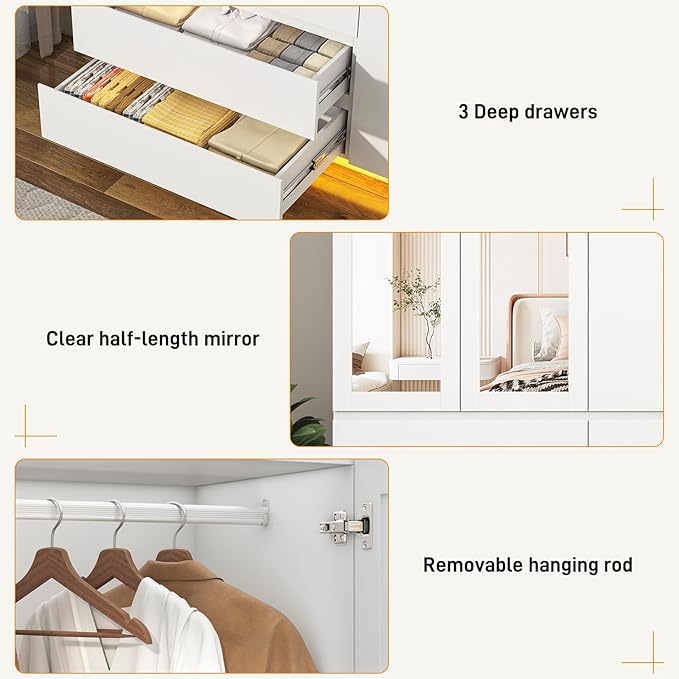 3 Doors Armoire Wooden Wardrobe Closet with 3 Drawers & 2 Mirror, 75"H Clothing Storage Cabinet with Hanging Rod,Modern Bedroom Large Freestanding Armoires with Led Lights for Bedroom,White