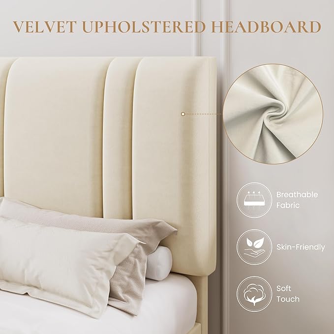 SHA CERLIN Queen Size Platform Bed Frame, Velvet Upholstered Bed with Adjustable Headboard, Vertical Channel Tufted Design, Sturdy Wood Slat Support, No Box Spring Needed, Easy Assembly, Cream White