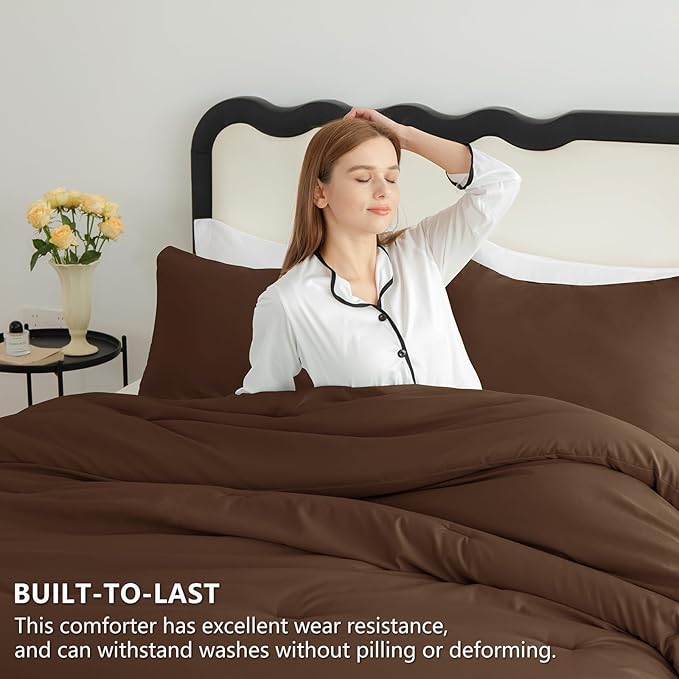 CozyLux Full Size Comforter Set Brown, 3 Pieces Solid Breathable Quilted Bedding Sets, Luxury Lightweight Soft Bed Set with Down Alternative Comforter and 2 Pillowcases for All Seasons