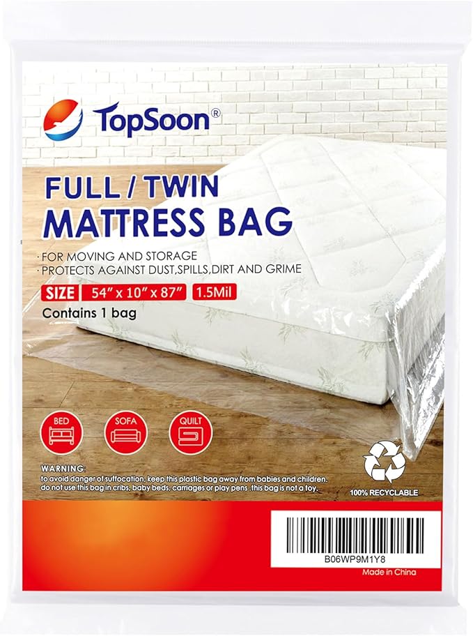 TopSoon Mattress Storage Bag Mattress Disposal Bag Full/Twin Size 54-Inch by 87-Inch Clear