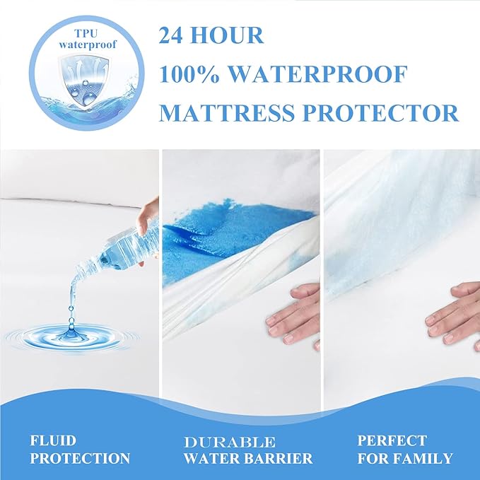 King Waterproof Mattress Protector - Noiseless, Breathable, Machine Washable Fitted Mattress Cover with Deep Pocket up to 5”-21”（White）