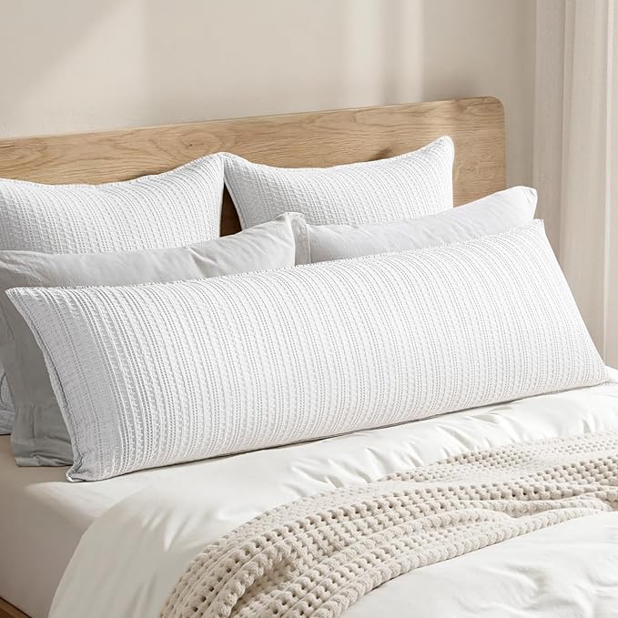 100% Cotton Waffle Weave Body Pillowcase, 1 Pack 20x54 Decorative Body Pillow Cover for Bed Couch Sofa, Neutral Long Cushion Sham Modern Farmhouse Home Decor, White
