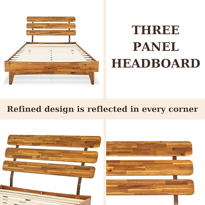 Bme Caden 15 Inch Deluxe Bed Frame with Adjustable Headboard - Mid Century, Retro Style with Acacia Wood - No Box Spring Needed - 12 Strong Wood Slat Support - Easy Assembly - Caramel, Full