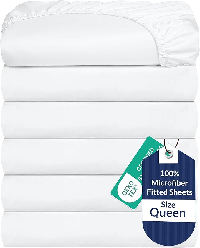 Royale Linens 6 Pack Queen Fitted Sheet Set - Bottom Sheet - Ultra Soft & Breathable - Brushed 1800 Microfiber - Wrinkle & Stain Resistant - Hotel Quality Deep Pocket Stretch Up to 16" (Queen, White)