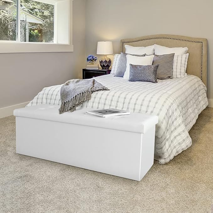 Camabel 43 Inch Folding Storage Ottoman Bench 120L Hold up 700lbs Ottoman with Storage Chest Foam Seat Padded Foot Rest Stool Faux Leather Bedroom Bench Coffee Table White