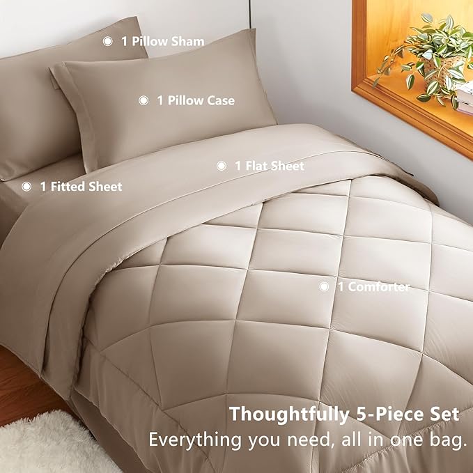 CozyLux Twin XL Comforter Set Khaki - 5 Pieces Twin Extra Long Bed in a Bag for College Dorm, All Season Bedding Set for Girls and Boys, Soft Bed Set with Comforter, Sheets, Pillowcase & Sham