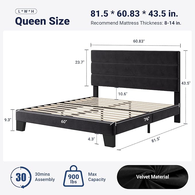 Allewie Queen Size Platform Bed Frame with Velvet Upholstered Headboard and Wooden Slats Support, Fully Upholstered Mattress Foundation/No Box Spring Needed/Easy Assembly, Black