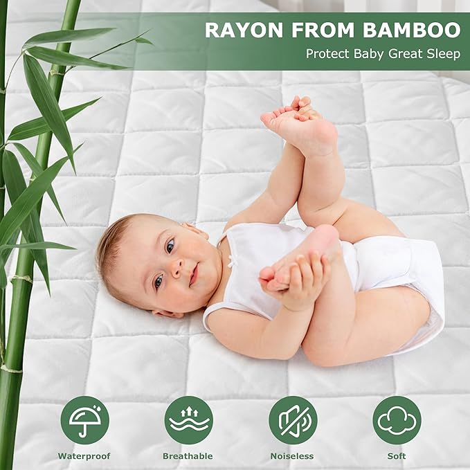 GRT 1 Pack Waterproof Crib Mattress Protector Rayon,Quilted Baby Mattress Cover Fitted Deep Pocket from 4" up to 9", Extra Breathable & Noiseless Toddler Mattress Pad 52"x28", White