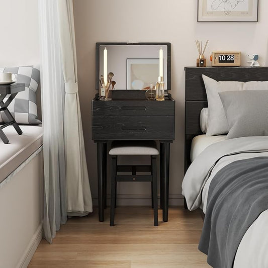 Muwuele Solid Wood Small Vanity Desk with Mirror and Lights, Narrow Makeup Vanity for Small Space, Flip Top Vanity Side Table, 3 Color Modes & Adjustable Brightness, 19.6" Slim Dressing Table, Black