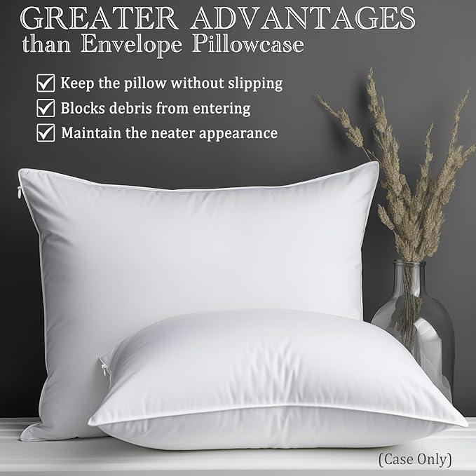 Precoco White Pillow Cases Standard Size-100% Cotton Pillowcase Covers with Zipper Hidden, Breathable & Ultra Soft/Pillow Covers for Easy Care, Set of 2