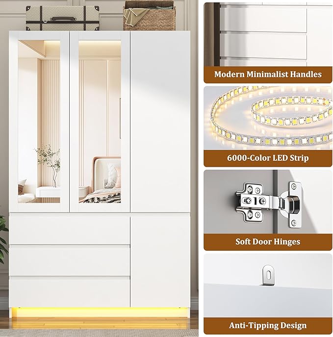 3 Doors Armoire Wooden Wardrobe Closet with 3 Drawers & 2 Mirror, 75"H Clothing Storage Cabinet with Hanging Rod,Modern Bedroom Large Freestanding Armoires with Led Lights for Bedroom,White
