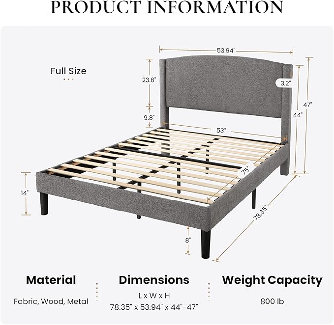 SHA CERLIN Full Size Bed Frame with Soft Teddy Fabric, Boucle Upholstered Platform Bed, Curved Headboard Design, Wooden Slats Support, Noise-Free, No Box Spring Needed, Easy Assembly, Grey