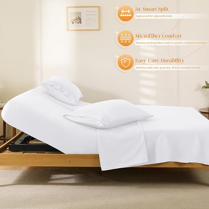Manyshofu 4 Piece Split Head California King Sheets Sets for Adjustable Bed Sheet, Flex Head Split Top Cal King Sheets White Sheet Set - 1800 Thread Count Bedding Set with 14-16 Inch Deep Pockets