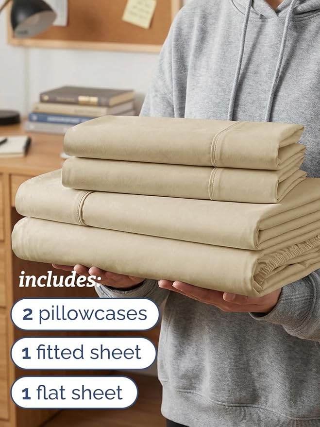 Twin XL 4 Piece Sheet Set - Comfy, Breathable & Cooling - Hotel Luxury Bedding for Women, Men, Kids, Teens and Children - 1 Flat & 1 Fitted Sheet & 2 Pillowcases w/ Deep Pockets - Wrinkle Free - Beige