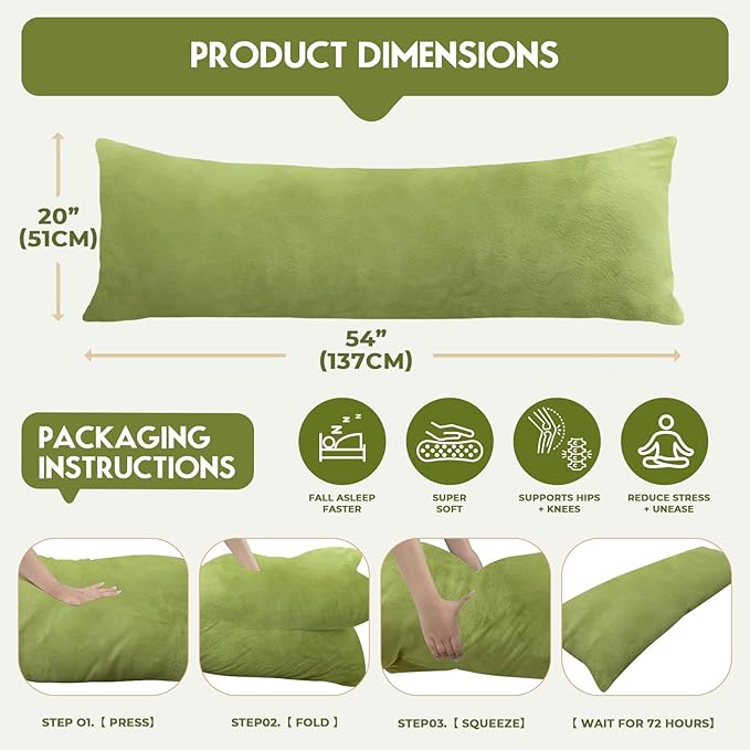 Body Pillow for Adults with Removable Pillowcase，Memory Foam Full Body Pillows for Side Sleepers, Back Pain, Pregnancy, Large Long Pillow Fluffy with Cover for Bed,20x54 Inch, Green