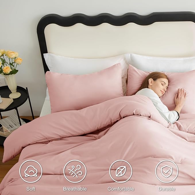 CozyLux King Size Comforter Set Blush Pink, 3 Pieces Solid Comforters King Size Breathable Bedding Sets, Luxury Soft Lightweight Bed Set with Down Alternative Comforter and 2 Pillowcases All Season