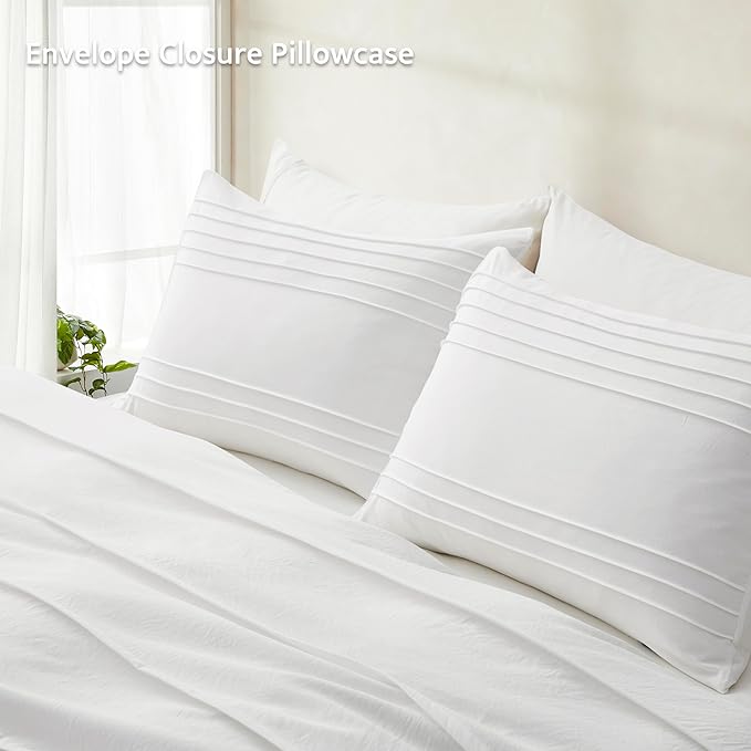 Oli Anderson White Duvet Cover King Size - Pleated King Duvet Cover, 3PCS Soft and Breathable Textured Bedding Set with Zipper Closure(White,104"x90")