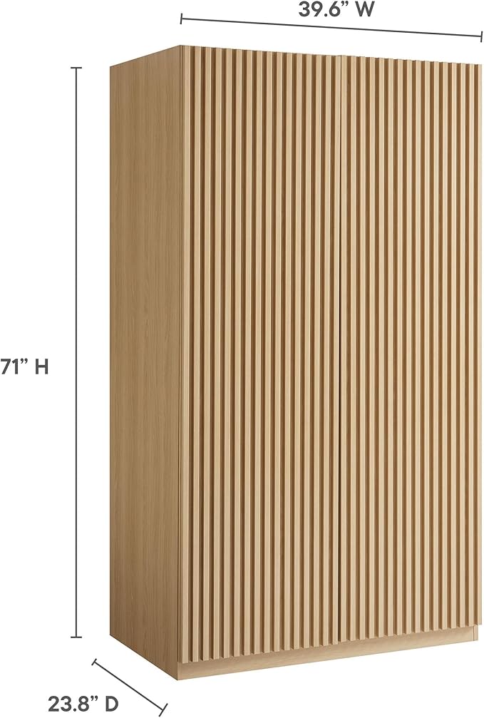 Modway Render Mid Century Modern Wardrobe Armoire Closet in Oak w/Vertical Slatted Doors - 71Inch Freestanding Closet w/Adjustable Shelves & Hanging Rods - Tall Bedroom Storage Cabinet
