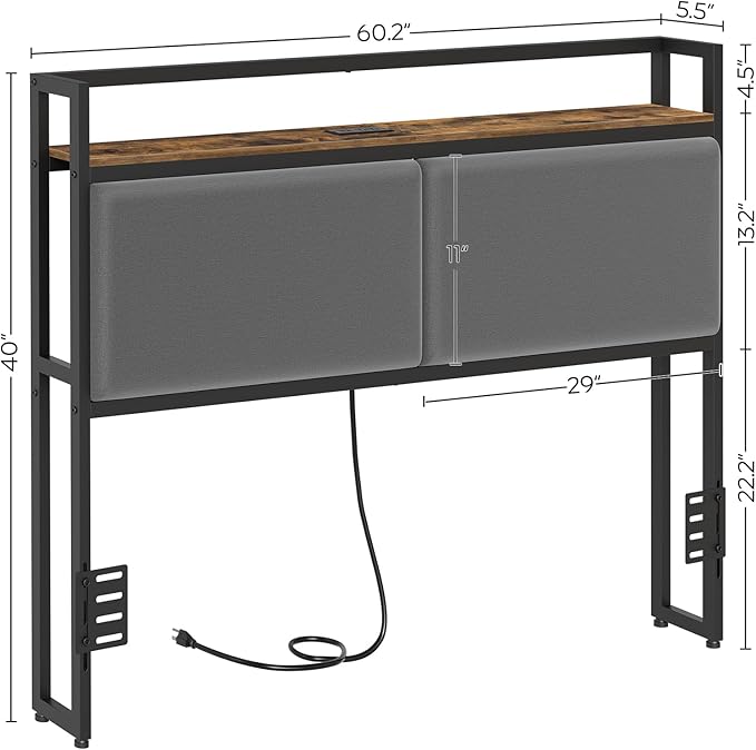 YATINEY Queen Size Headboard with Storage Shelves, Upholstered Headboard with Charging Station, Height Adjustable, Sturdy and Stable, Vintage Style, Rustic Brown, Gray and Black