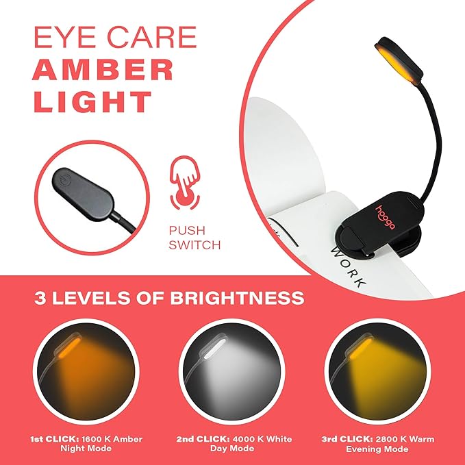 Book Light, Rechargeable Amber Dual Day and Night Modes, Amber 1600K Warm LEDs and 4000K White Light. Blue Blocking LEDs Prevent Eye Strain. Extra Long Battery Life. Great for Bookworms, Kids, Study.