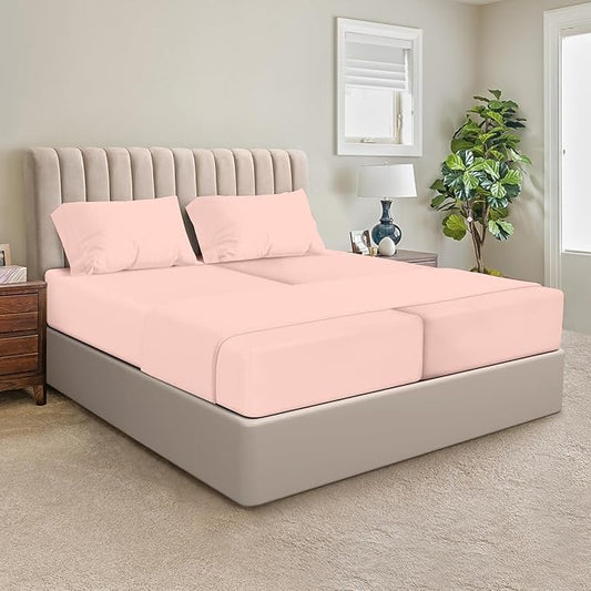 SGI Split King Sheet Set for Adjustable Bed Egyptian Premium Cotton 600 Thread Count Sheets for Sleep Number Bed 15" Deep Pocket 5 Pc Set with 2 Twin XL Fitted Sheets Soft Breathable -Peach