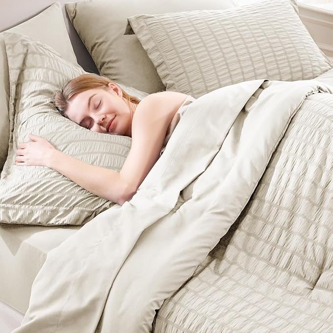 CozyLux Full Size Comforter Sets with Sheets 7 Pieces, Oatmeal Seersucker Bed in a Bag Textured Luxury Soft Bedding Sets with Down Alternative Comforter, Sheets, Pillowcases & Shams for All Season