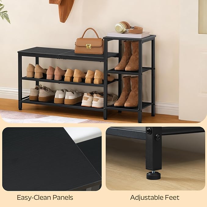 YATINEY 3-Tier Shoe Rack Bench, Wooden Shoe Storage Bench, Industrial Entryway Bench with Storage, Multi-Functional Shoe Rack with Seat for Bedroom, Hallway, Living Room, Black HX05BB
