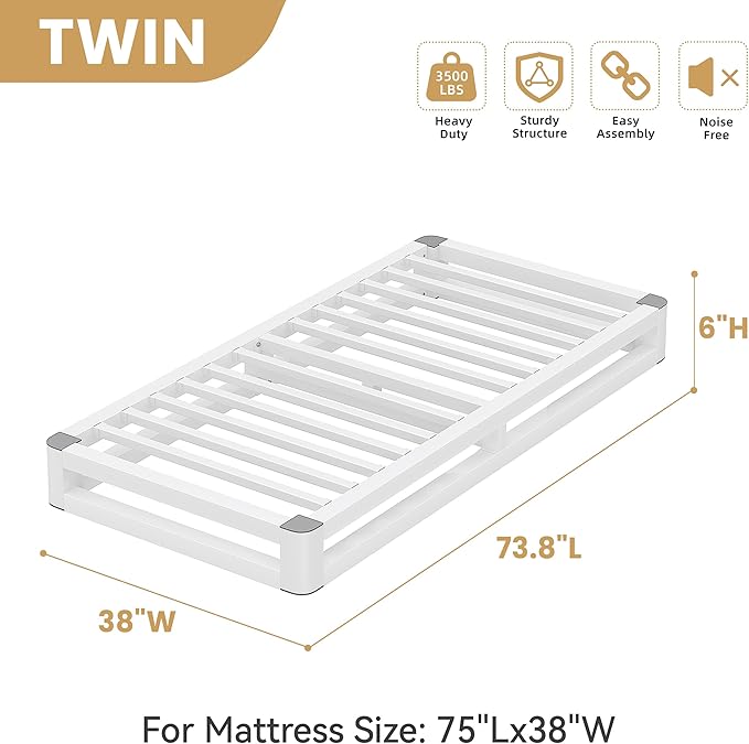 6 Inch Twin Bed Frames with Rounded Corner and Squeak Free U-Slot Design, Metal Platform Bed Frames 6 Non-Slip Guards, 3500lbs Heavy Duty Steel Slat Support, No Box Spring Needed, White