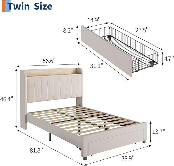 Garvee Upholstered Platform Bed Frame with Storage Headboard, Integrated Charging Station (2 USB Ports & AC Outlets), Spacious Drawers, Heavy Duty, Easy Assembly, Noise-Free - Queen/King, Grey/Beige