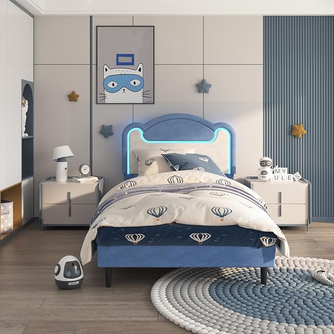 Garvee Twin Size Upholstered Bed Frame with LED Lights & Fabric Headboard, Princess Platform Bed for Girls with Wood Slats, No Box Spring Needed (Blue White)