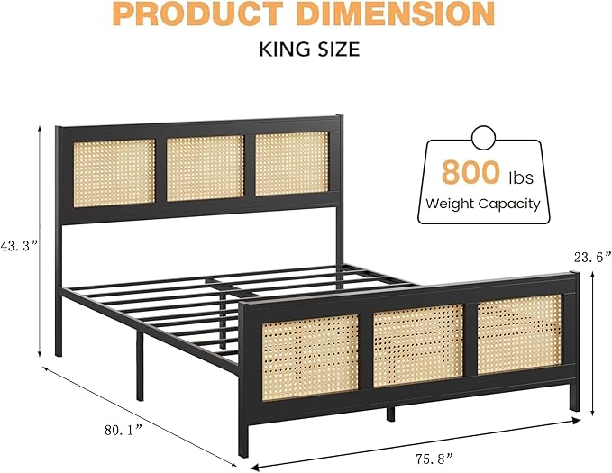 IDEALHOUSE Rattan Bed Frame with Headboard, Boho King Size Bed Frame with Strong Metal Slats Support, No Box Spring Needed, Noise-Free Design, Black