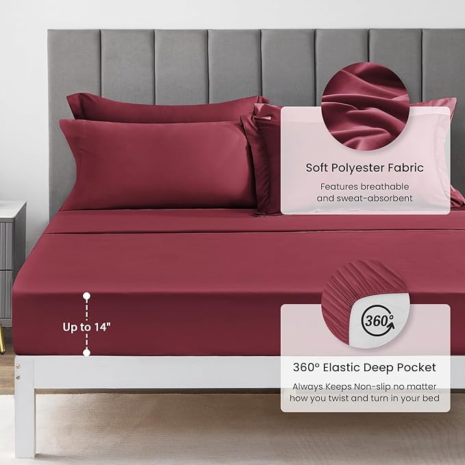 Love's cabin Twin Comforter Set Burgundy, 5 Pieces Twin Bed in a Bag, All Season Bedding Sets with 1 Comforter, 1 Flat Sheet, 1 Fitted Sheet, 1 Pillowcase and 1 Pillow Sham | Soft, Breathable, Lightweight, Comfortable