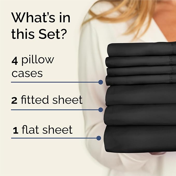 Split King 7 Piece Sheet Set - Comfy Breathable & Cooling - Hotel Luxury Bedding for Women, Men, Kids, Teens & Children - 1 Flat & 2 Fitted Sheets & 4 Pillowcases w/ Deep Pockets, Wrinkle Free - Black
