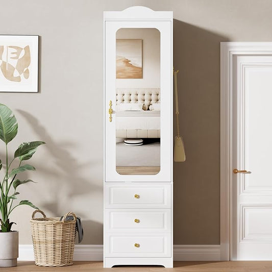 Armoire Wardrobe Closet, Updated Bedroom Armoires Cabinet with Mirror Door and 3 Drawers, 15.7" W White Clothing Storage Cabinet with Hanging Rod & Sensor Light for Bedroom-Right