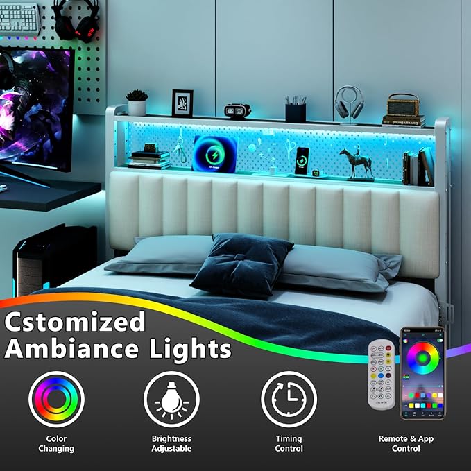 VINGLI Queen Size Headboard for Bed,Upholstered Headboards with Storage, Charging Stations and LED Lights, 2 Tier Shelves and Pegboard, Modern Bed Head Board, Adjustable Height, White
