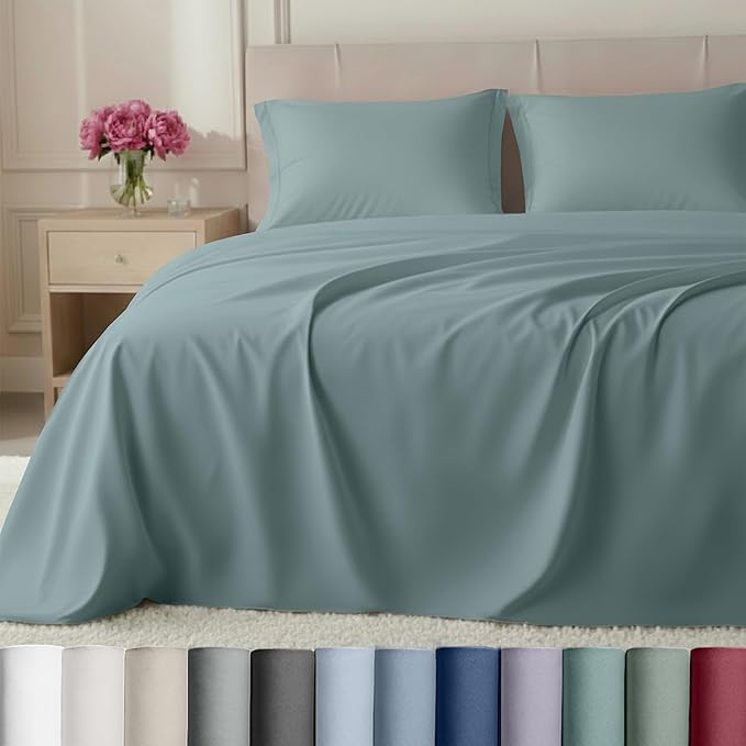 California Design Den Luxury Queen Size Sheets Set - Buttery Soft 800 Thread Count 100% Cotton Sateen, Durable Deep Pocket Sheet Set - Soft Celadon