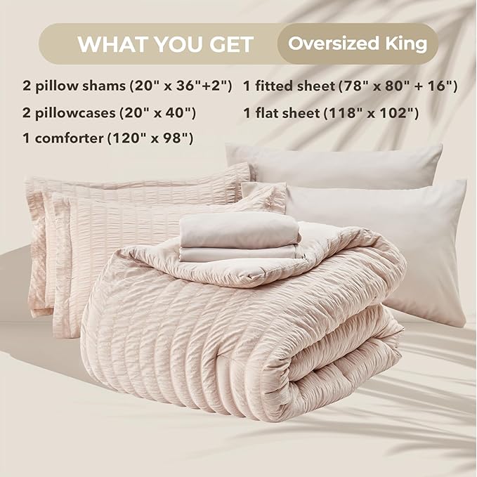 HYMOKEGE Beige Oversized King Comforter Set Seersucker 7 Pieces, All Season Luxury Bed in a Bag for Bedroom, Bedding Set with Comforter, Sheets, Pillowcases & Shams