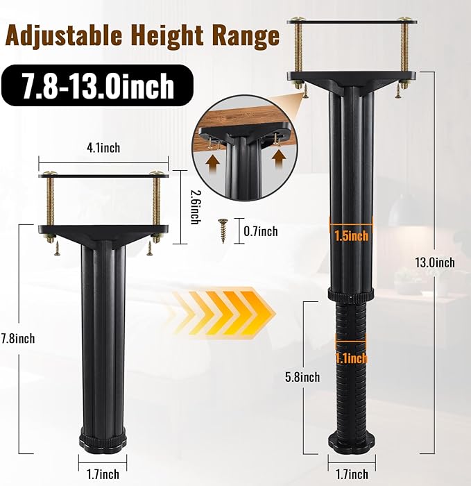 YHK 8PCS Adjustable Height Bed Support Legs 7.8-13.0inch, Heavy Duty Bed Frame Support Legs for Bed Slat and Frame, Plastic Bed Frame Support Replacement Bed Support Reinforcement Parts