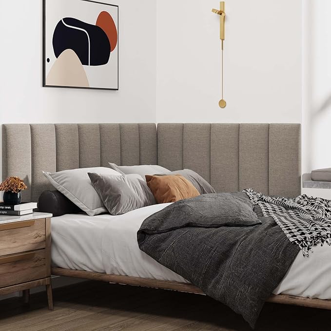 IFNOW Upholstered Wall Mounted Headboard, 3D Soundproof Wall Panels Peel and Stick for Queen Size, Reusable and Removable Tufted Bed Headboard in Linen (9 Panels, 10" x 24")