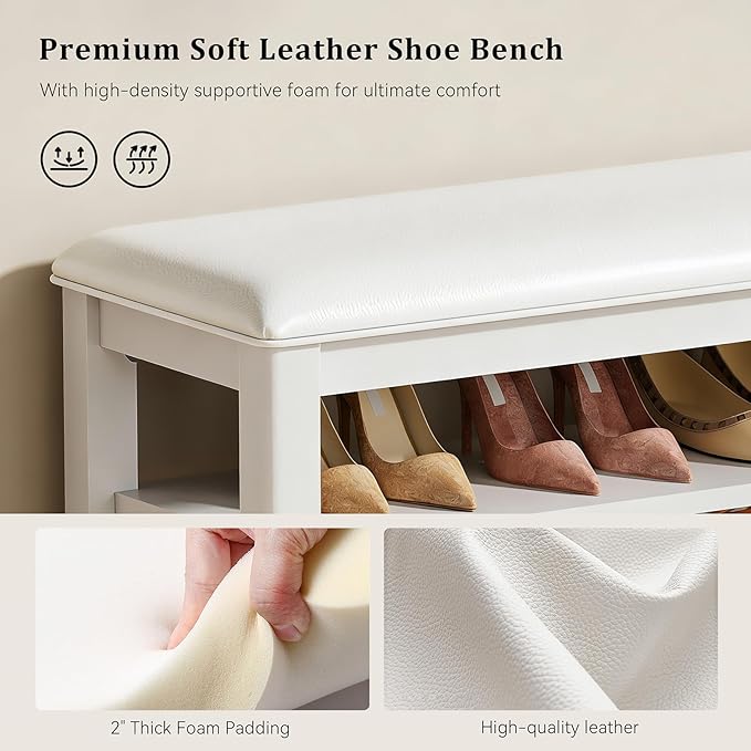 Entryway Shoe Storage Bench with Leather Cushion, Shoe Organizer Bench for Entryway, Ideal for Hallways Front Doors Entrances Mudrooms Featuring Rubberwood And 3 Height-Adjustable & Removable Shelve