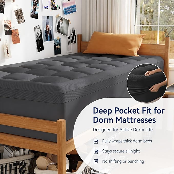 ELEMUSE Dual Layer 3 Inch Memory Foam Mattress Topper Twin XL, Dorm Room 2 Inch Cooling Gel Memory Foam Plus 1 Inch Down Alternative Pillowtop Mattress Pad, College Essential, Comfort Support, Grey