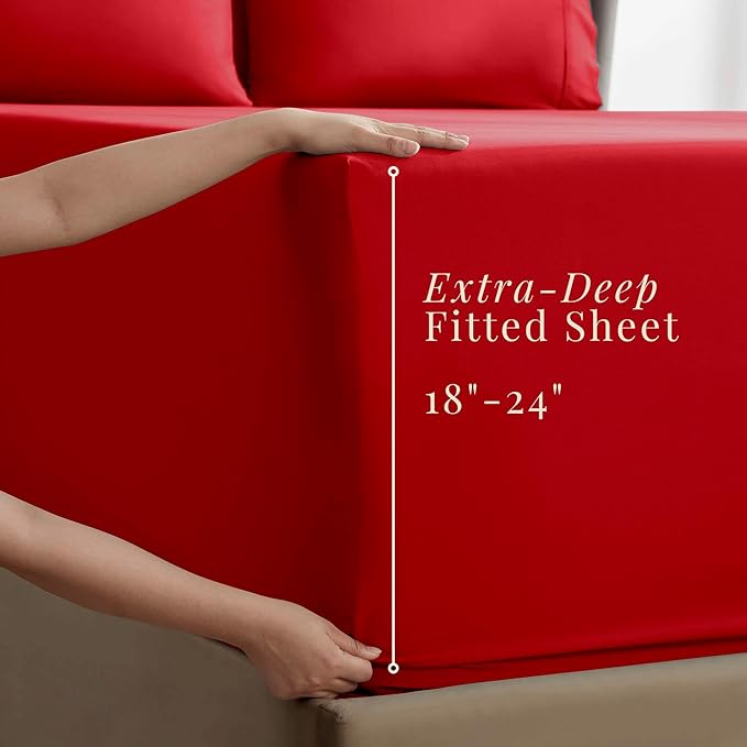 Hearth & Harbor Extra Deep Pocket Sheets - Fits Mattress 18-24 Inches Deep - Extra Deep Pocket Full Size Sets - 6 Piece Full Size - Full - Cherry Red