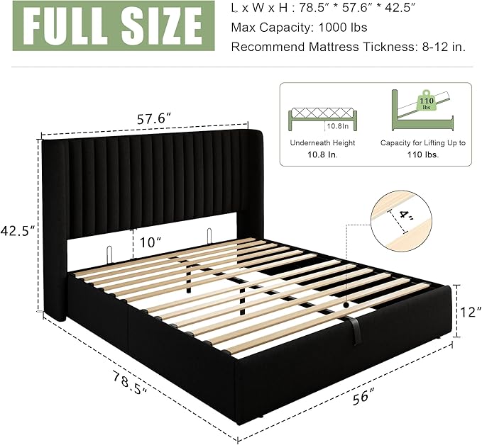 Feonase Full Size Lift Up Storage Bed Frame, Linen Upholstered Platform Bed with Wingback Headboard, Hydraulic Storage, No Box Spring Needed, Black