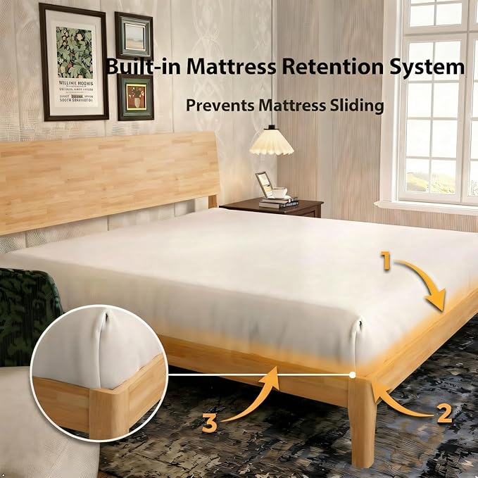 Novilla King Size Bed Frame with 3-Level Adjustable Storage Headboard, Solid Wood Platform Bed Frame with Slats, No Box Spring Needed, Noise Free, Natural Finish for Master Bedroom and Guest Room