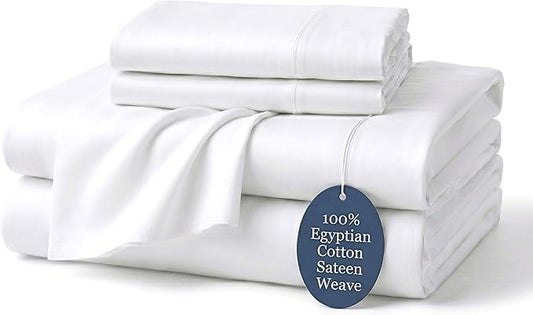 100% Egyptian Cotton Sheets King White - Luxury Hotel Collection King Size Sheet Set, Cooling, Smooth & Breathable Sateen Weave, Anti Pilling Extra Long Staple Cotton, 16" Deep Pocket - 4Pc